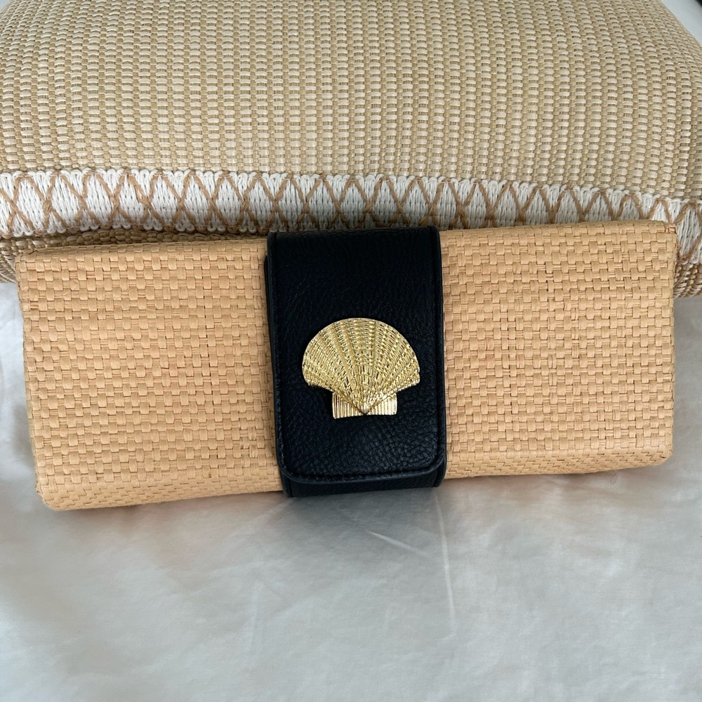 Elegant Tan and Black Clutch with Gold Accent